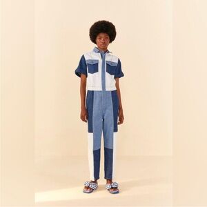 FARM Rio Blue Denim Overalls Patchwork Design
